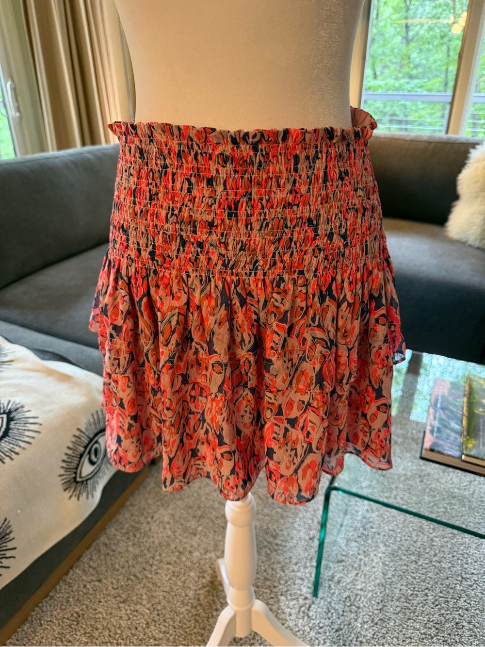 Ramy Brook Hot Coral and Navy Floral Smocked Mini Skirt